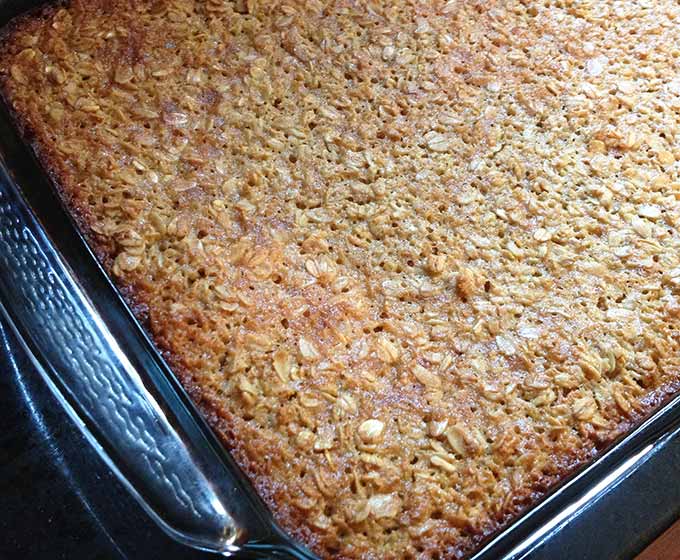 Baked Oatmeal. Quick and easy to make. Delicious oatmeal casserole. Serve with honey or maple syrup. Top with fruit or raisins. Great breakfast or brunch.