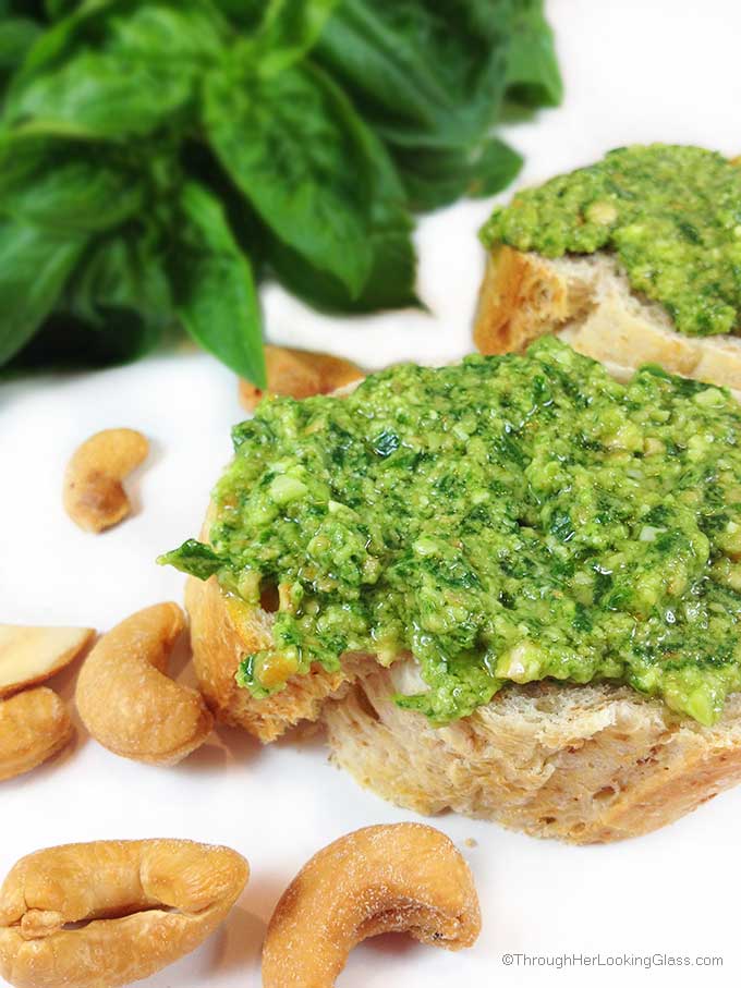 Easy Cashew Basil Pesto. Creamy pesto. Easy to make from my bumper basil crop. Tastes fabulous slathered on crusty bread or tossed with pasta.