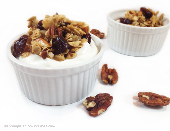 Cherry Pecan Granola. Absolutely scrumptious. Clean-eating. Sunflower seeds, almonds, pecans, rolled oats, dried cherries, honey. Gluten-free.