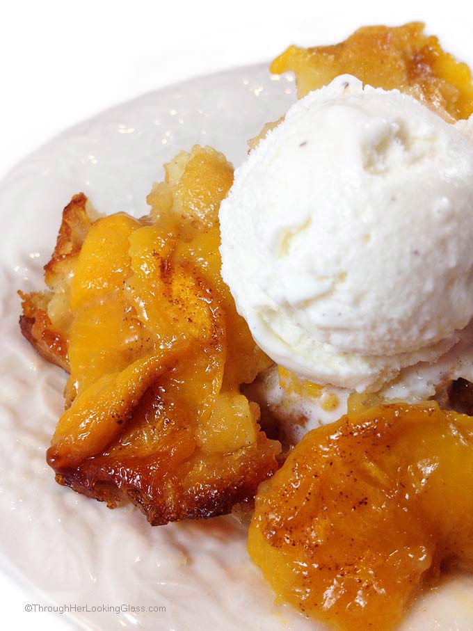 Peach Cobbler. The batter underneath cooks, bubbles up all around the peaches. Gets all crispy and yummy on the edges. It's really fabulous.