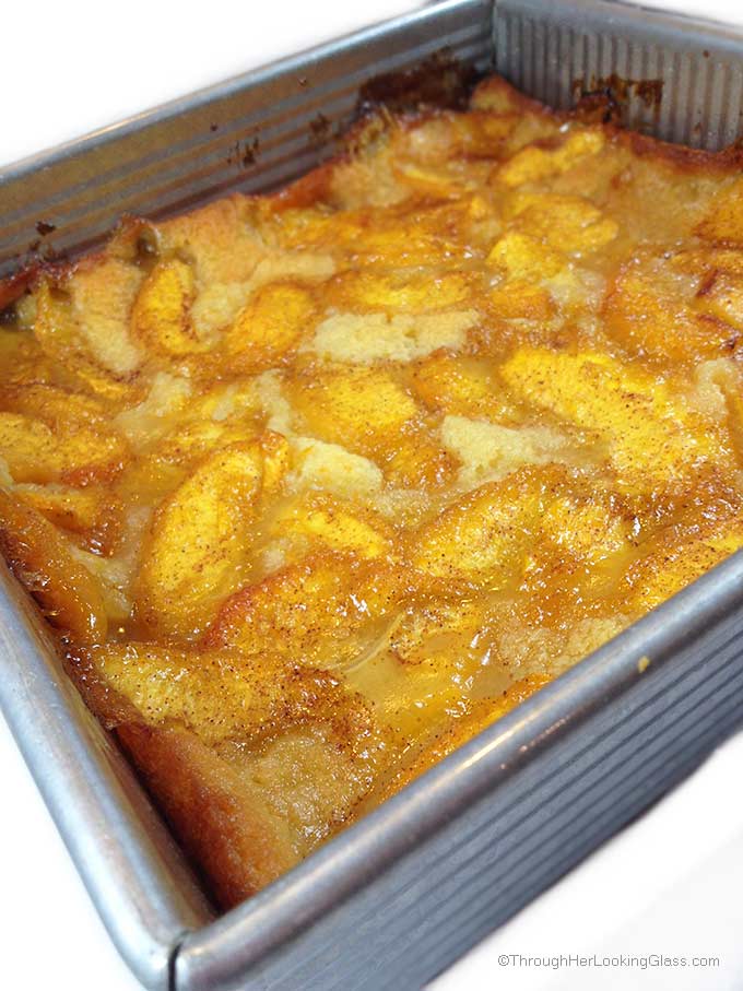 Peach Cobbler. The batter underneath cooks, bubbles up all around the peaches. Gets all crispy and yummy on the edges. It's really fabulous.