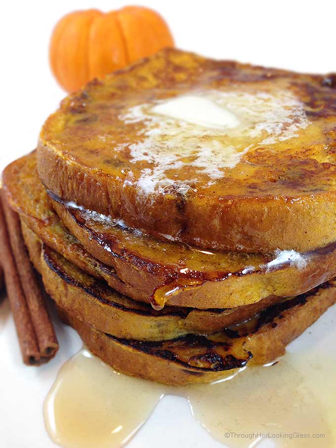 Delicious Cinnamon Swirl Pumpkin French Toast w/butter and maple syrup. Pepperidge Farm Cinnamon Swirl bread dipped in pumpkin spice batter. Welcome fall!