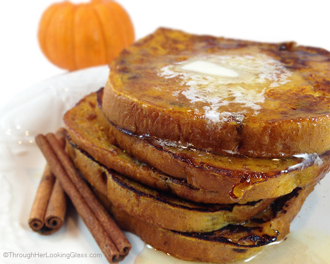 Delicious Cinnamon Swirl Pumpkin French Toast w/butter and maple syrup. Pepperidge Farm Cinnamon Swirl bread dipped in pumpkin spice batter. Welcome fall!