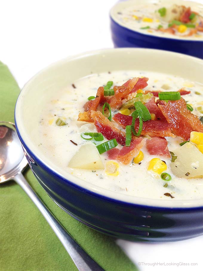 Famous New England Bacon Corn Chowder. It's magical coming in from the cold on a blustery winter day to a steaming bowl of creamy bacon corn chowder.