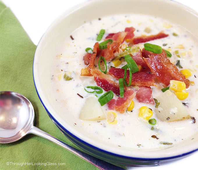 Famous New England Bacon Corn Chowder. It's magical coming in from the cold on a blustery winter day to a steaming bowl of creamy bacon corn chowder.