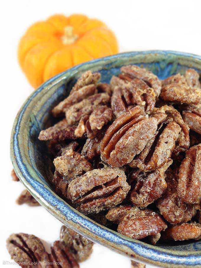 Pumpkin Spice Sugared Pecans. Sweet and crunchy. Perfect for snacking or gifting. Addictive topper for salads, ice cream or cheesecake.