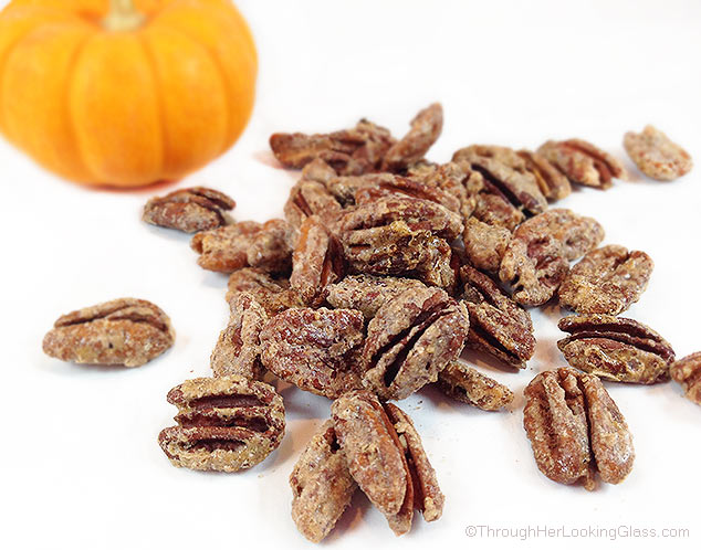 Pumpkin Spice Sugared Pecans. Sweet and crunchy. Perfect for snacking or gifting. Addictive topper for salads, ice cream or cheesecake.