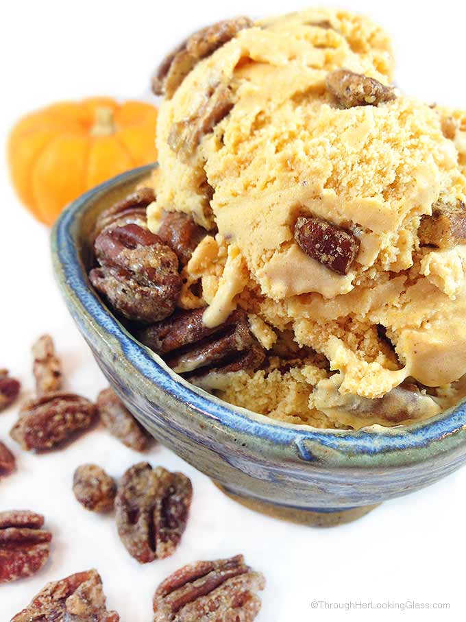 Sugared Pecan Pumpkin Ice Cream. This creamy and delicious ice-cream reminds me of pumpkin pie. Gourmet ice cream perfect for the holidays!