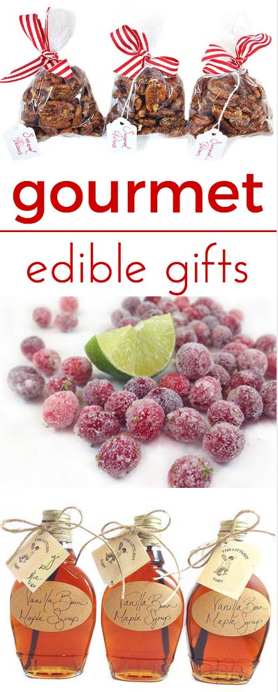 Easy and delicious Gourmet Edible Gifts: Vanilla Bean Maple Syrup, Lime Sugared Cranberries and Sugared Pecans. Perfect for gift baskets!