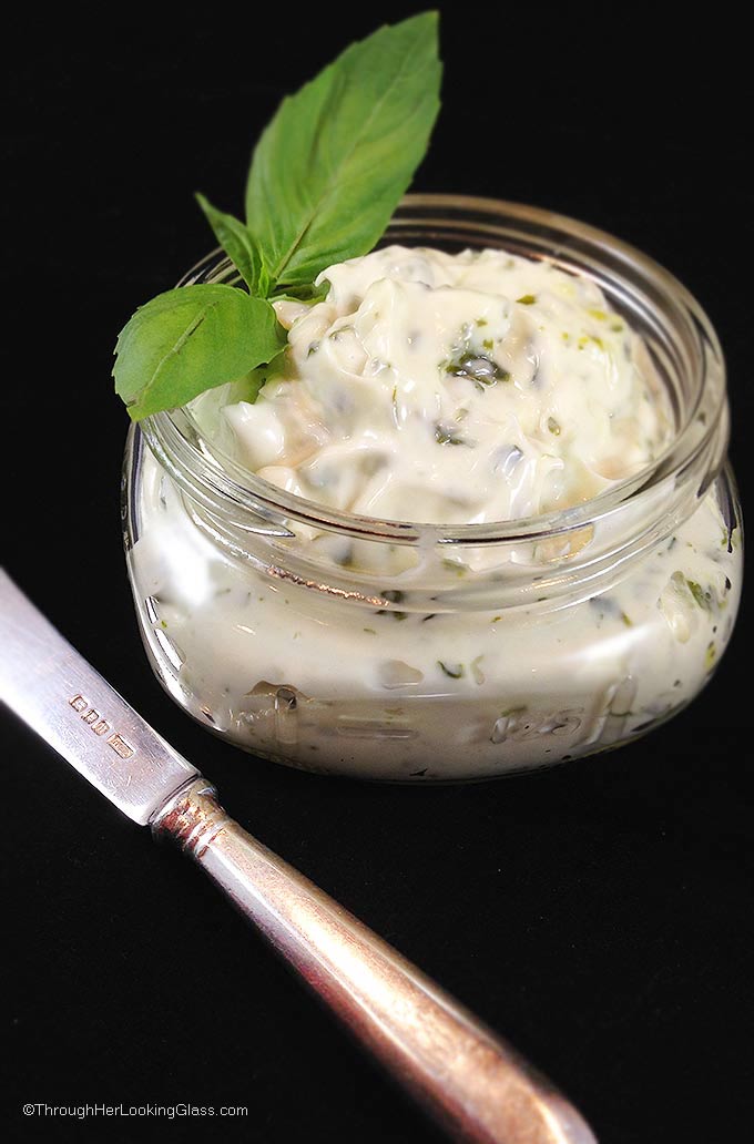 Basil Pesto Mayonnaise: a treat on deli or BLT sandwiches. Quick 2 ingredients, then slather it on for a delicious taste of summer no matter the season!