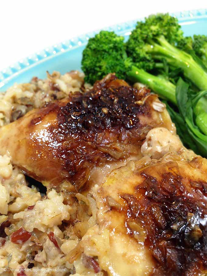 Easy Chicken Thigh & Wild Rice Bake takes 5 minutes to make & bakes unattended for several hours. The chicken & rice are moist and flavorful. Comfort food!