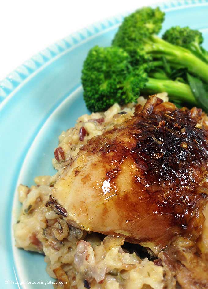 Easy Chicken Thigh & Wild Rice Bake takes 5 minutes to make & bakes unattended for several hours. The chicken & rice are moist and flavorful. Comfort food!