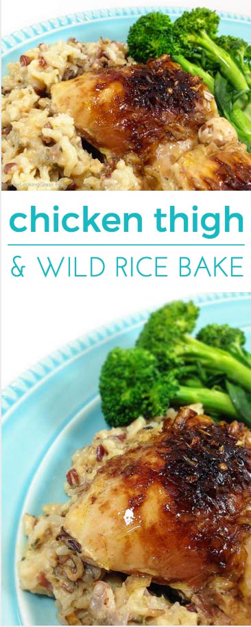 Easy Chicken Thigh & Wild Rice Bake takes 5 minutes to make & bakes unattended for several hours. The chicken & rice are moist and flavorful. Comfort food!