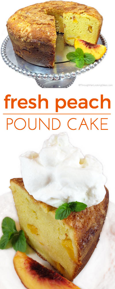 Fresh Peach Pound Cake. Ripe peaches, butter, sour cream, vanilla & almond extracts give exceptional flavor! Buttery southern peach pound cake to die for.