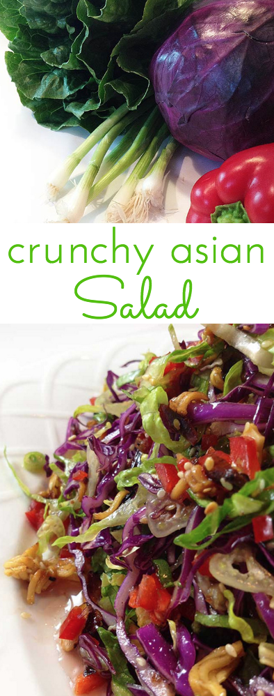 Crunchy Asian Salad with light, sweet dressing. Gorgeous salad with big crunch. Cabbage, red peppers, toasted ramen noodles, almonds and sesame seeds.