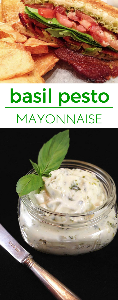 Basil Pesto Mayonnaise: a treat on deli or BLT sandwiches. Quick 2 ingredients, then slather it on for a delicious taste of summer no matter the season!