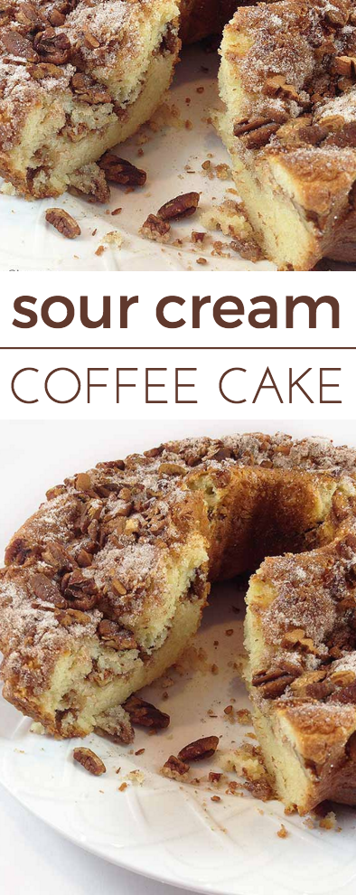 Sour-cream Coffee Cake. A dense, delicious pecan coffee cake with excellent flavor. A wonderful treat for breakfast or brunch.