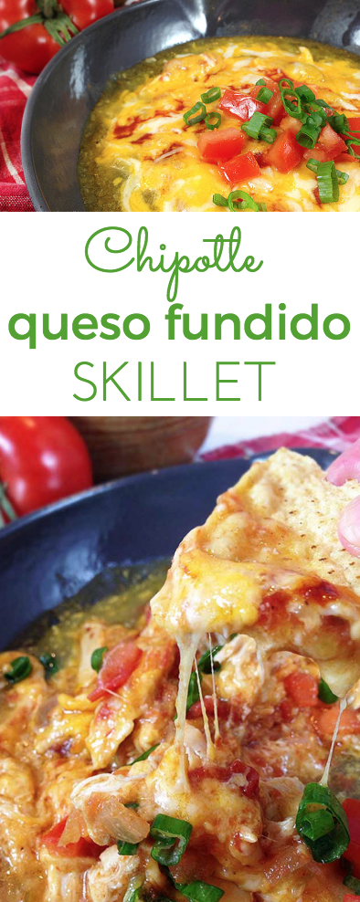 Chipotle Queso Fundido Skillet. Melty, stretchy, molten cheese. Shredded chicken and salsa, tomatillo & chipotle sauces. Smoky, spicy and sweet!