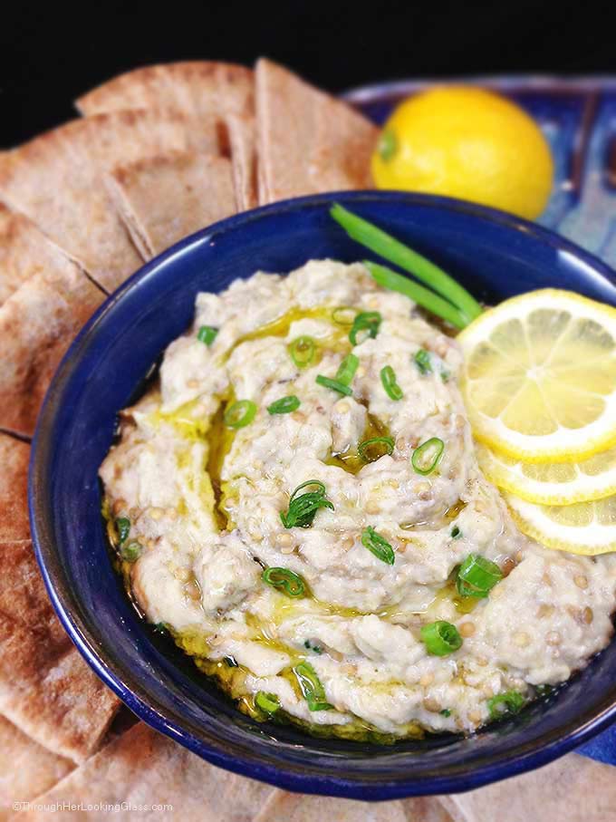 Baba Ghanoush Roasted Eggplant Dip: healthy and addictive! Delicious Middle Eastern dip for fresh veggies or pita bread. Garlic, tahini & fresh lemon juice!