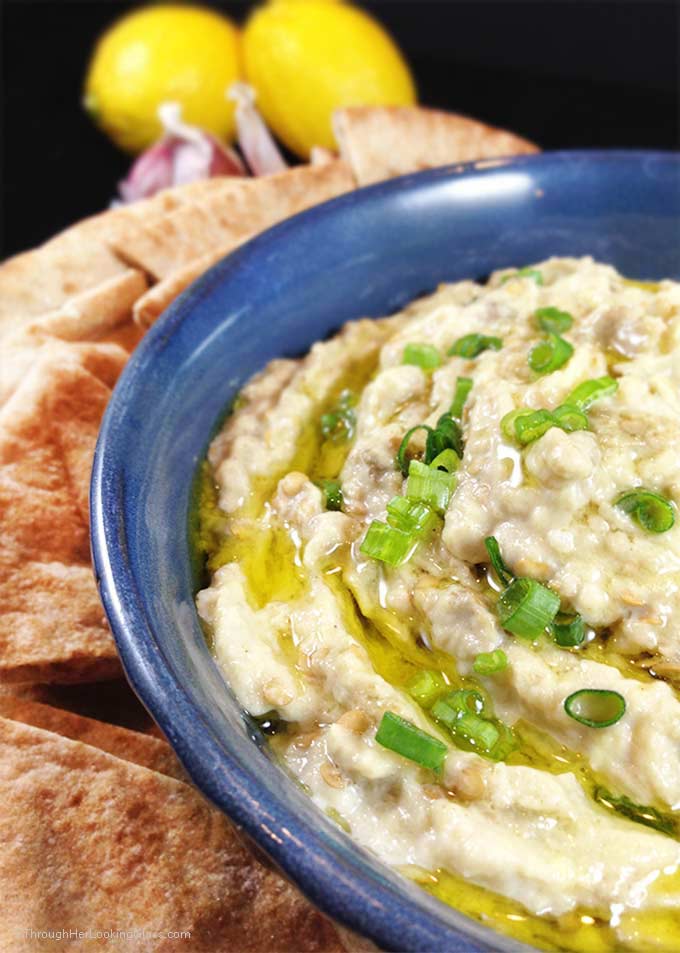 Baba Ghanoush Roasted Eggplant Dip: healthy and addictive! Delicious Middle Eastern dip for fresh veggies or pita bread. Garlic, tahini & fresh lemon juice!