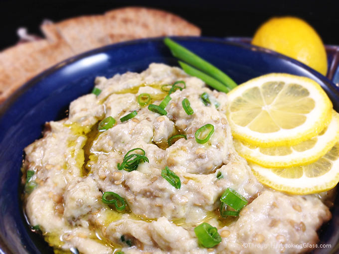 Baba Ghanoush Roasted Eggplant Dip: healthy and addictive! Delicious Middle Eastern dip for fresh veggies or pita bread. Garlic, tahini & fresh lemon juice!