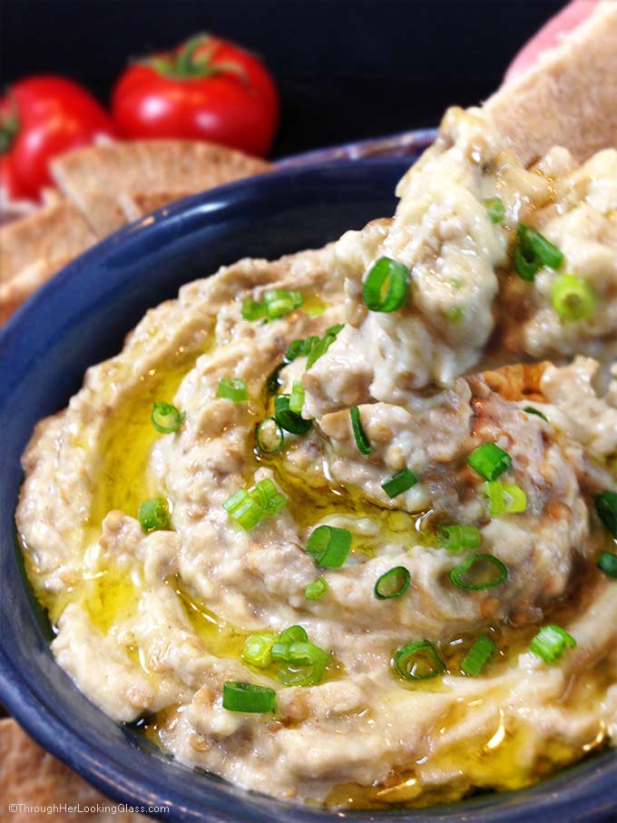 Baba Ghanoush Roasted Eggplant Dip: healthy and addictive! Delicious Middle Eastern dip for fresh veggies or pita bread. Garlic, tahini & fresh lemon juice!