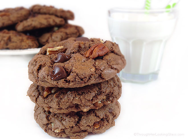 Bake Sale Chocolate Chocolate Chip Cookies are crunchy on the outside, chewy on the inside. Chock full of dark chocolate chips, pecans and cocoa. Yummers!