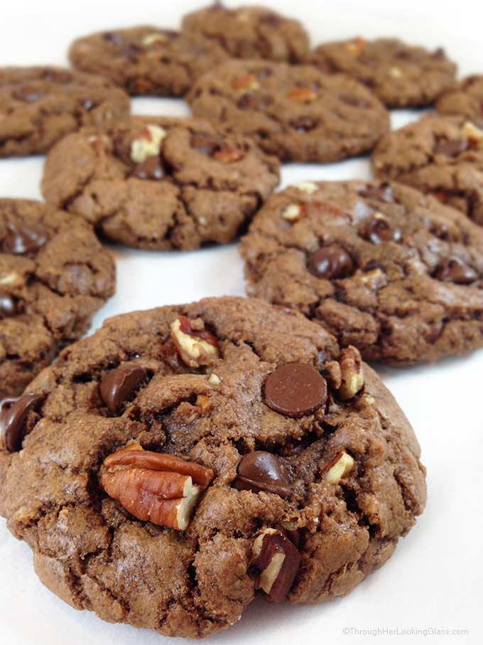 Bake Sale Chocolate Chocolate Chip Cookies are crunchy on the outside, chewy on the inside. Chock full of dark chocolate chips, pecans and cocoa. Yummers!