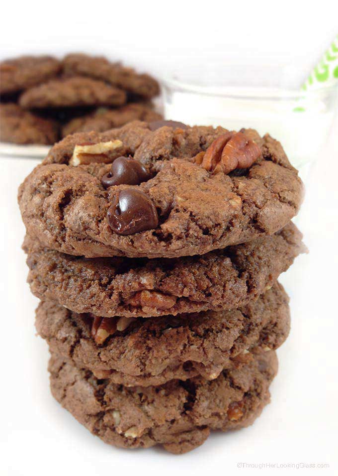 Bakery Style Chocolate Chocolate Chip Cookies are crunchy on the outside, chewy on the inside. Chock full of dark chocolate chips, pecans and cocoa. Yummers!