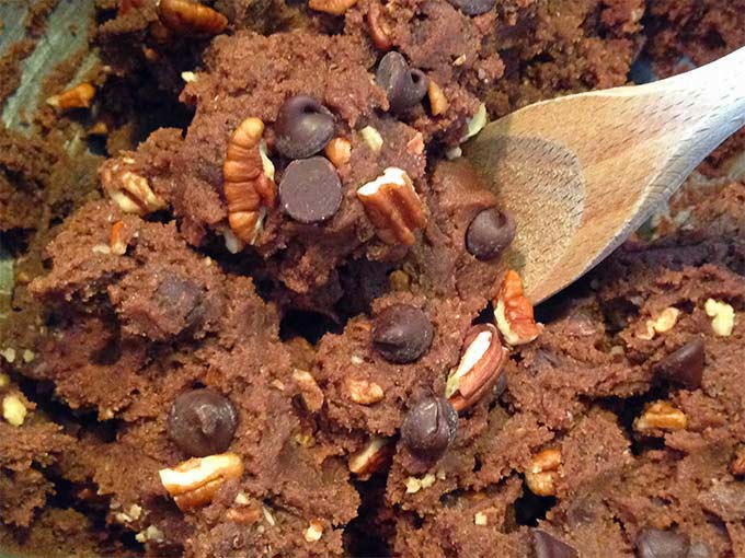 Bakery Style Chocolate Chocolate Chip Cookies are crunchy on the outside, chewy on the inside. Chock full of dark chocolate chips, pecans and cocoa. Yummers!