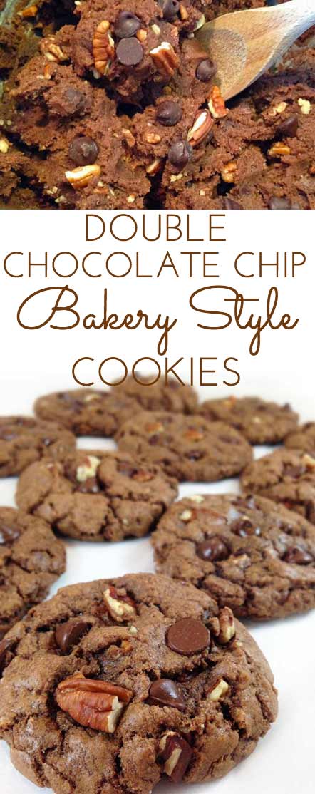 Bakery Style Chocolate Chocolate Chip Cookies are crunchy on the outside, chewy on the inside. Chock full of dark chocolate chips, pecans and cocoa. Yummers!