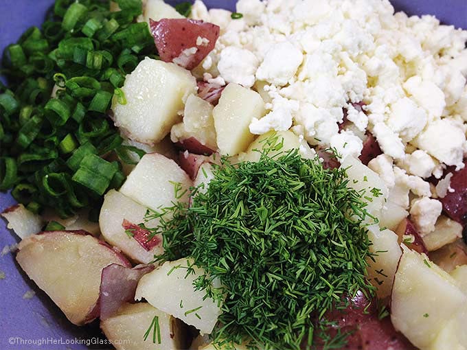 Gourmet Fresh Dill Red Potato Salad with Feta. Olive oil, garlic, fresh dill and feta cheese mingle with tender new potatoes. Always goes FAST!