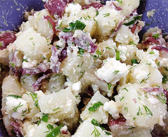 Gourmet Dill Red Potato Salad with Feta. Olive oil, garlic, fresh dill and feta cheese mingle with tender new potatoes. Always goes FAST!
