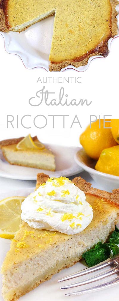 A slice of this authentic Italian ricotta pie recipe on a white plate with whipped cream, lemon zest, and fresh mint, as well as Meyer lemons and another slice of this ricotta cheesecake in the background Pinterest image