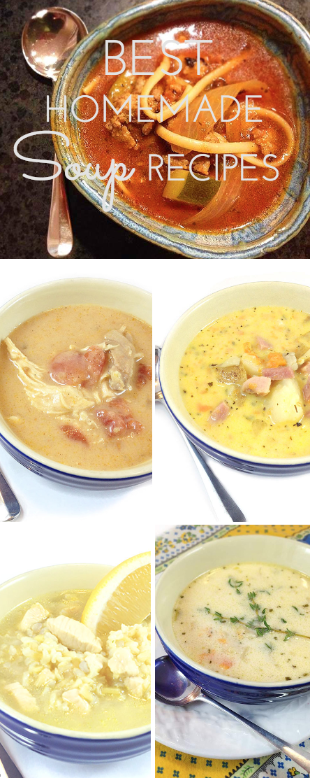 Five best homemade soup recipes! Ham & Cheese, Arroz Caldo, Chicken Enchilada, Hearty Italian Sausage and Simon Pearce Vermont Cheddar. Easy and delicious.