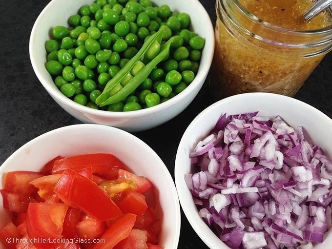 Four Ingredient Easy Pea Salad. Just four ingredients to this pretty & delicious pea salad. Five minutes to the perfect side dish in spring and summer.