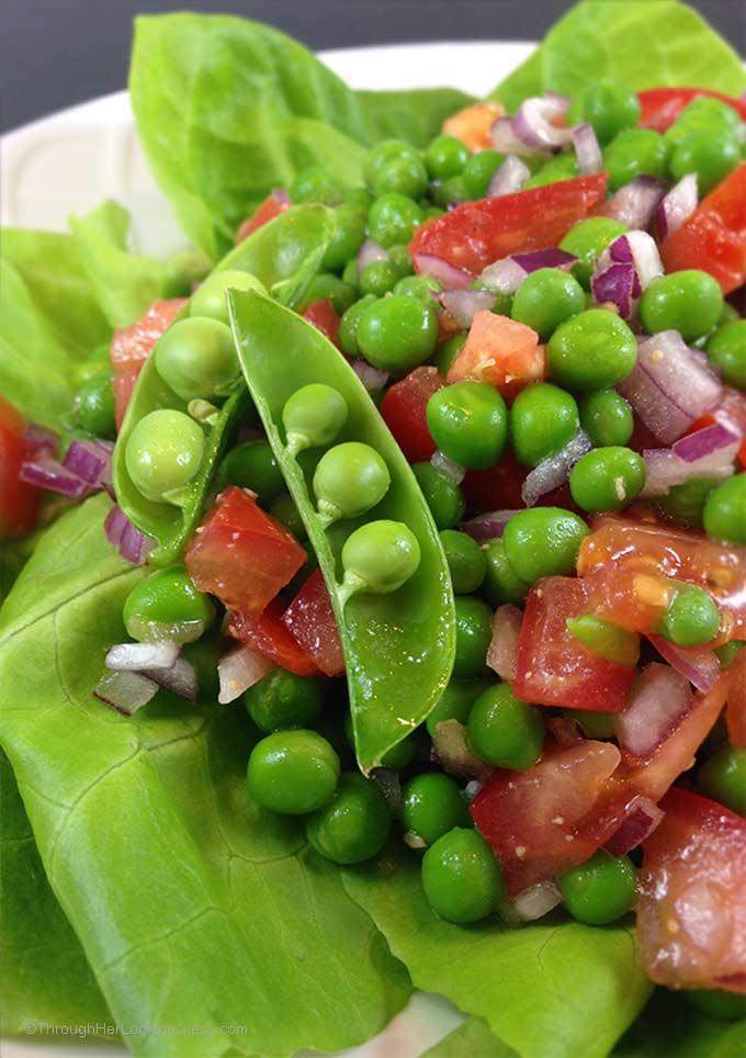 Four Ingredient Easy Pea Salad. Just four ingredients to this pretty & delicious pea salad. Five minutes to the perfect side dish in spring and summer.