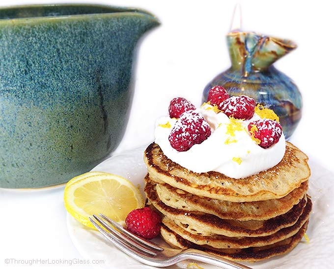 Healthy Lemon Poppy Seed Pancakes with white whole wheat flour! Light, delicious and easy. Make a double recipe!