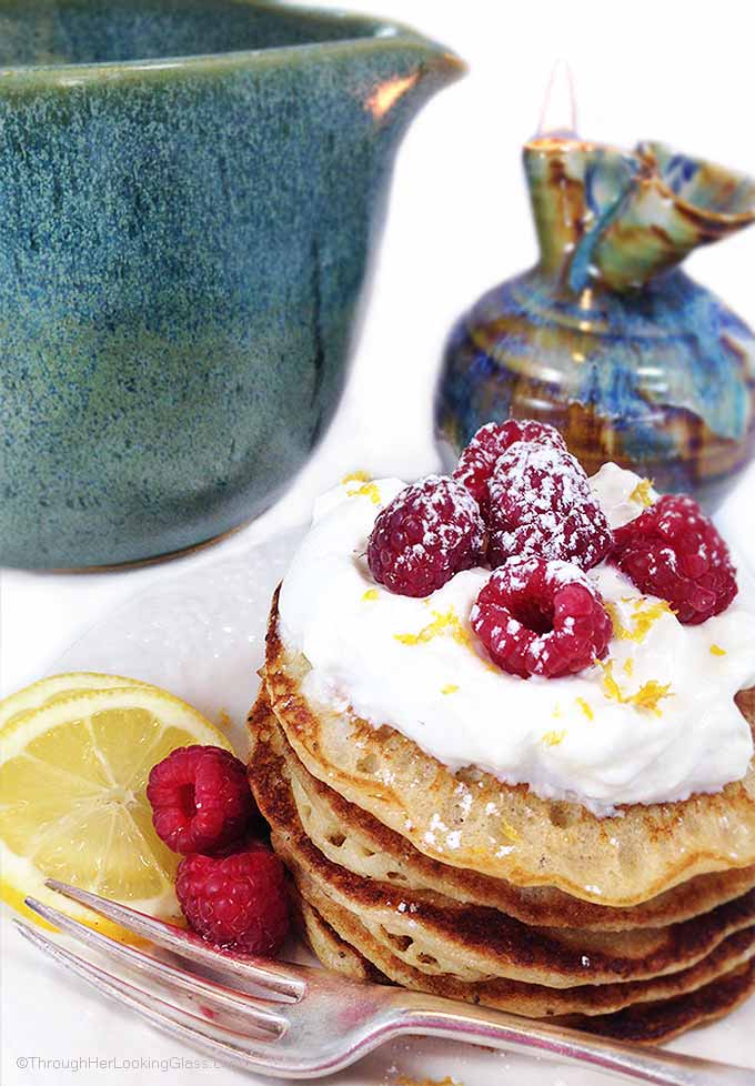 Healthy Lemon Poppy Seed Pancakes with white whole wheat flour! Light, delicious and easy. Make a double recipe!