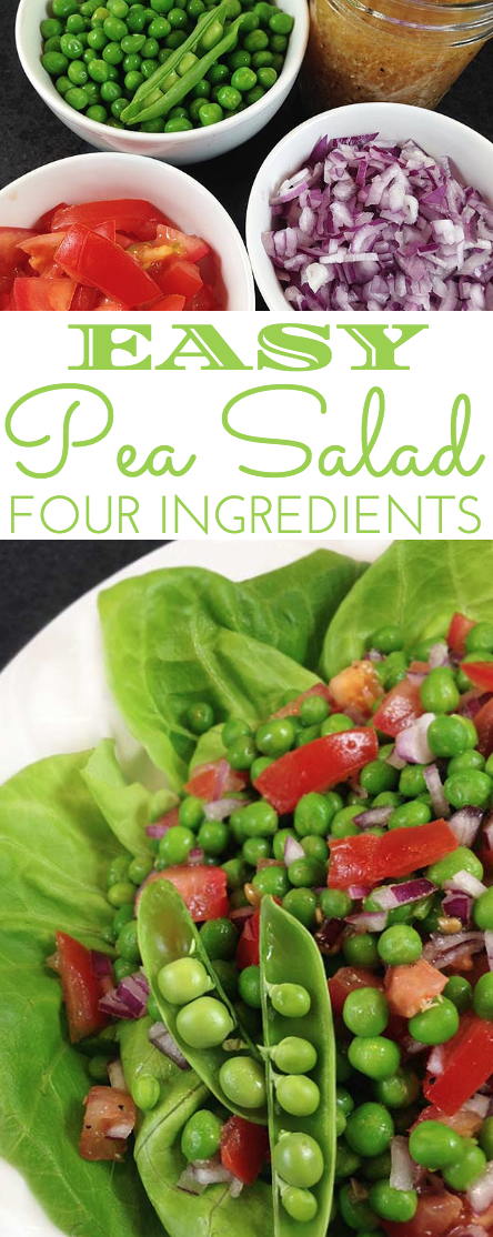 Four Ingredient Easy Pea Salad. Just four ingredients to this pretty & delicious pea salad. Five minutes to the perfect side dish in spring and summer.