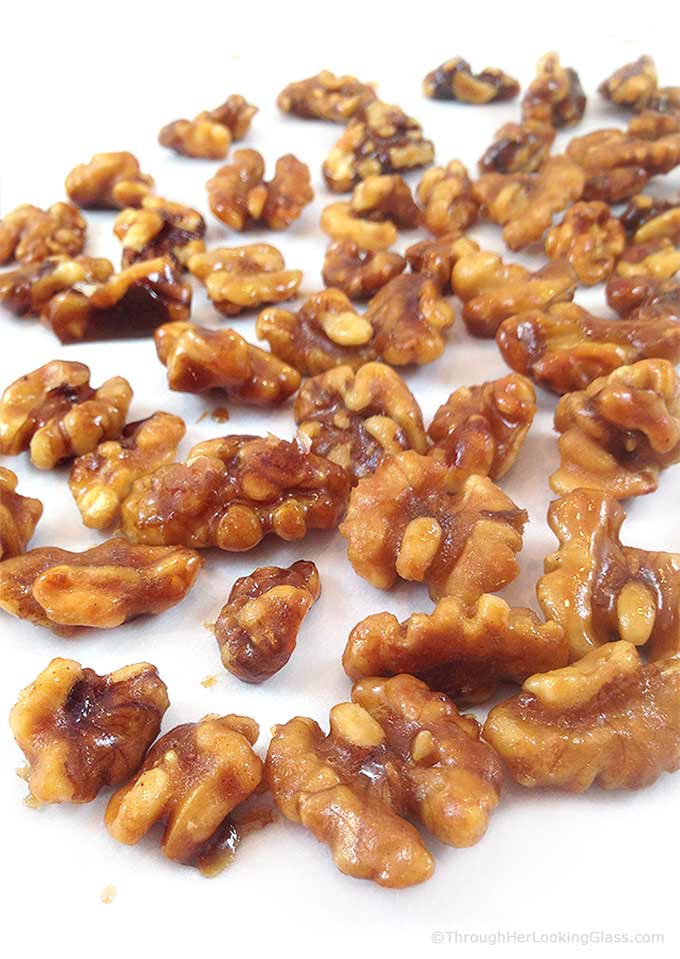 Caramelized Maple Walnuts: my newest addiction. Pure maple syrup makes a lovely candied walnut. Perfection in trail mix, salads, ice cream, oatmeal & more!