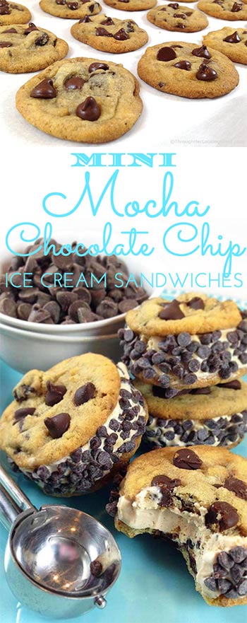 If you love chocolate and coffee together, you'll love this Mini Mocha Chocolate Chip Cookie Ice Cream Sandwich. Creamy coffee ice cream sandwiched between chewy homemade chocolate chip cookies.