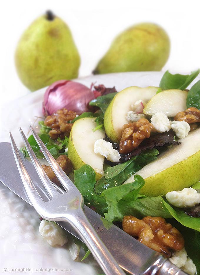 Pear Gorgonzola Salad w/Walnuts & Maple Vinaigrette: addictive salad. Sweet maple vinaigrette w/pure maple syrup & shallots complements pears & greens.