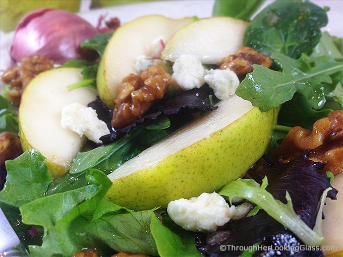 Pear Gorgonzola Salad w/Walnuts & Maple vinaigrette: addictive salad. Sweet maple vinaigrette w/pure maple syrup & shallots complements pears & greens.