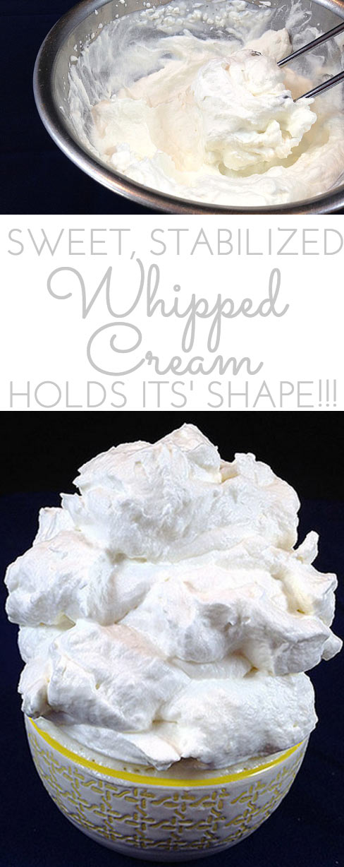 Sweet (Stabilized) Stiff Whipped Cream. What's the secret ingredient whipped cream that keeps its shape for days and in the heat? Easy recipe here!