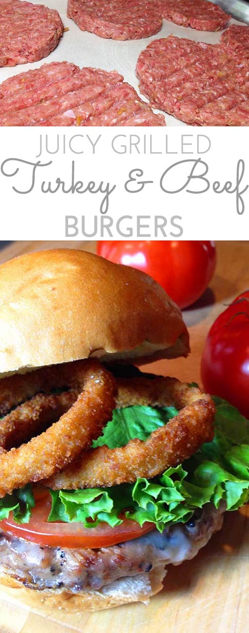 Best burger! Juicy Grilled Turkey & Beef Burgers. Turkey keeps a juicy burger, cuts down on fat. 85% lean ground beef preserves that meaty big beef taste.