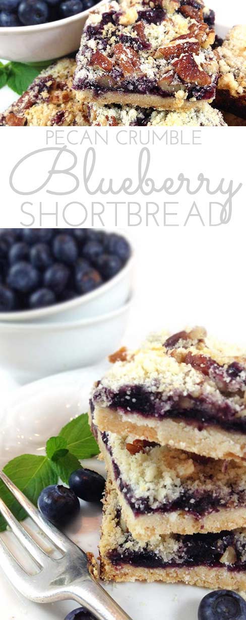 Pecan Crumble Blueberry Shortbread: buttery shortbread layered with blueberries and crunchy pecan crumble topping. For all the blueberry lovers!