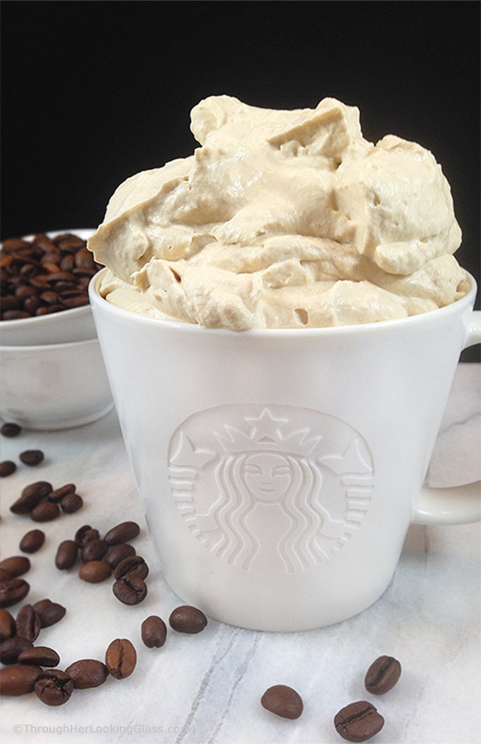 Starbucks Coffee Whipped Cream flavored w/Starbucks coffee! Extra panache for desserts, hot chocolate & iced coffee! Excellent on chocolate desserts!