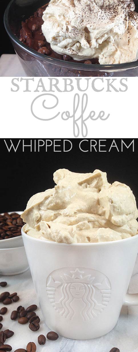 Starbucks Coffee Whipped Cream flavored w/Starbucks coffee! Extra panache for cakes, pies, ice cream, desserts, parfaits, hot chocolate, frozen drinks & iced coffee! Excellent for chocolate desserts. 