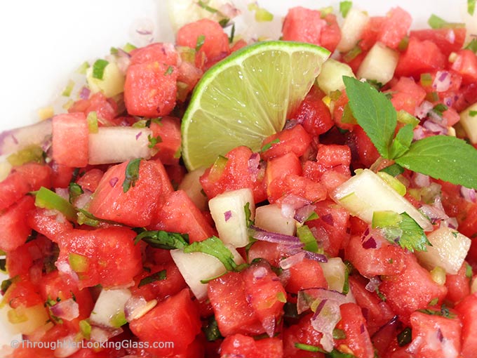 Watermelon Salsa: sweet & spicy. Refreshing in summer. Watermelon, honeydew, jalapeno, sweet red onion, cilantro and mint! Perfect summer salsa twist!